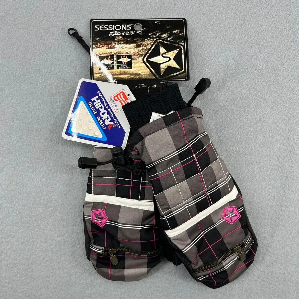 Sessions Riley Avery Plaid Mittens Gloves Womens L Grey Waterproof Ski Snowboard